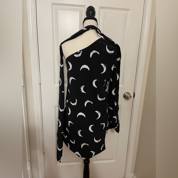 Saint Laurent Tie-Neck One-Sleeve Moon-Print Short Silk Dress - Picture 7 of 15